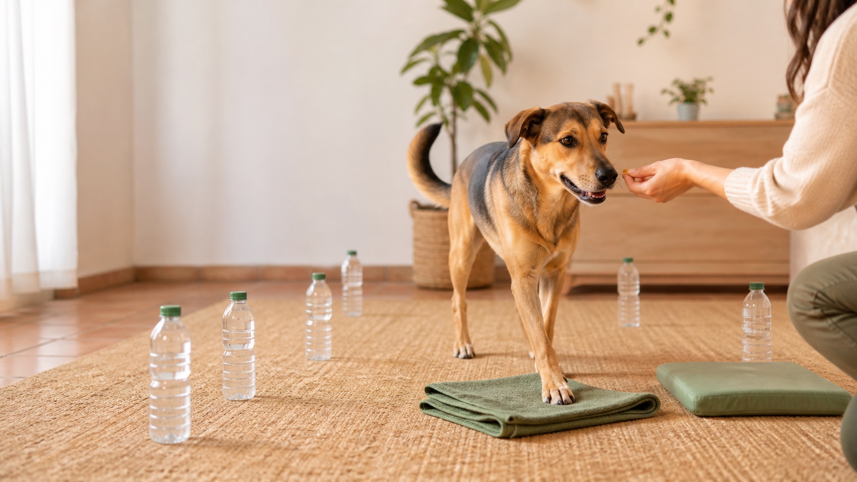 Perro realizando un circuito casero de propiocepción y movimiento